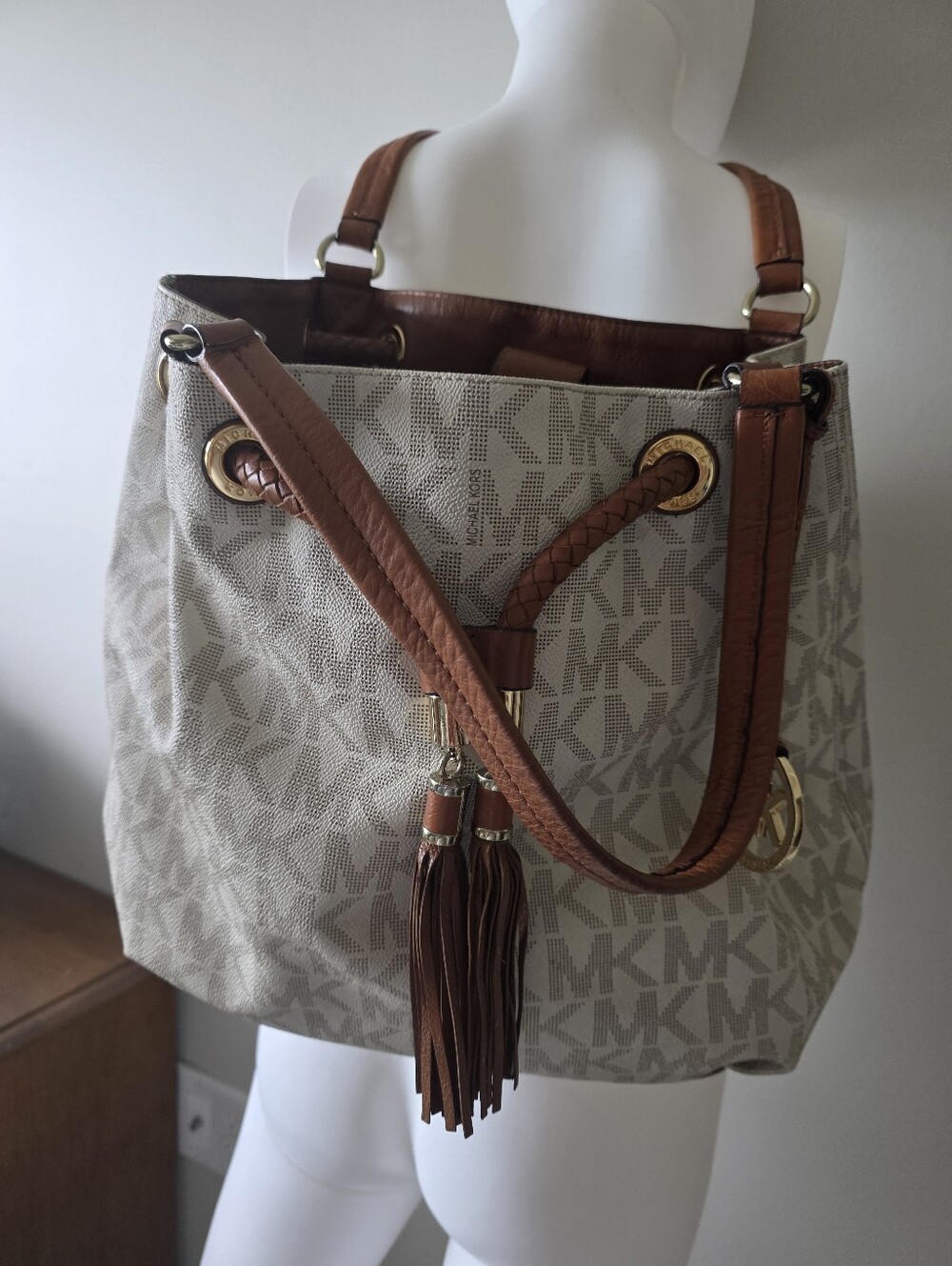 Michael Kors Cream MK Logo Tote with Brown Trim and Tassel, Sz Lg,
